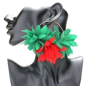 Tigerstars Oversized Green Red Fabric Floral Petal Statement Hoop Earrings